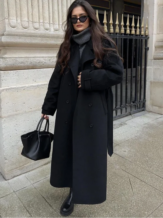 Chic Black Woolen Oversized Long Coat for Women