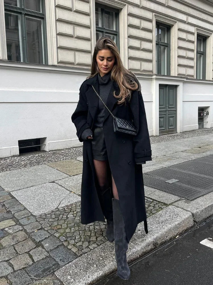 Chic Black Woolen Oversized Long Coat for Women