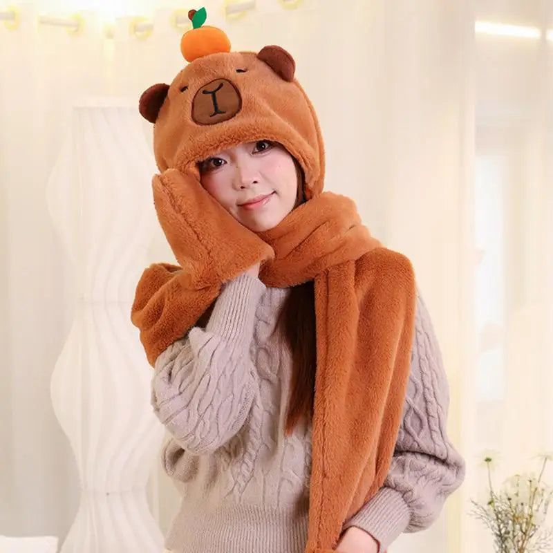 3 In 1 Cute Capybara Women Hat Scarf Gloves Set