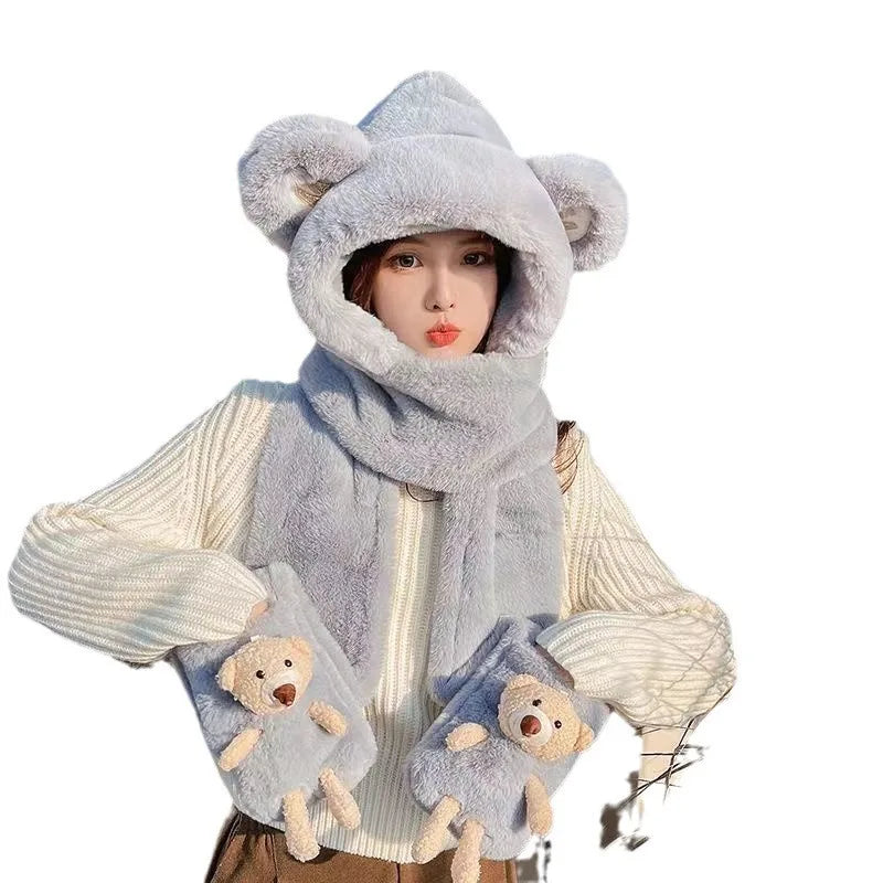 Adorable Bear Ear Plush Hat with Scarf and Gloves (3-in-1 Set)