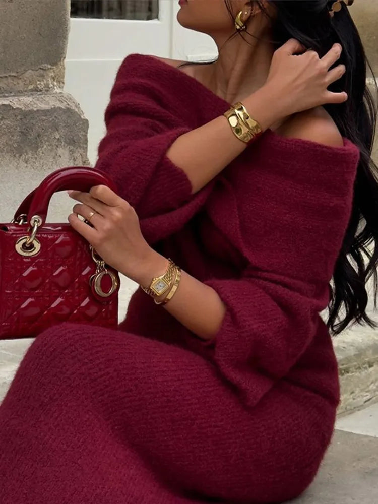 Elegant Burgundy Knit Long Skirt Set for Women