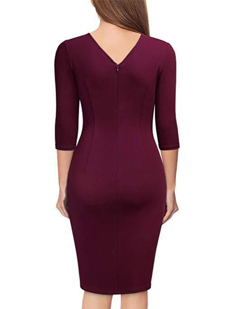 V-Neck Pleated Bodycon Dress - Spring Office Style for Women