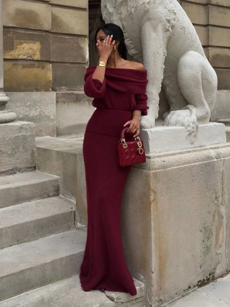 Elegant Burgundy Knit Long Skirt Set for Women