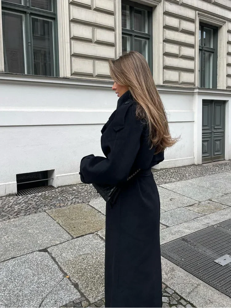 Chic Black Woolen Oversized Long Coat for Women