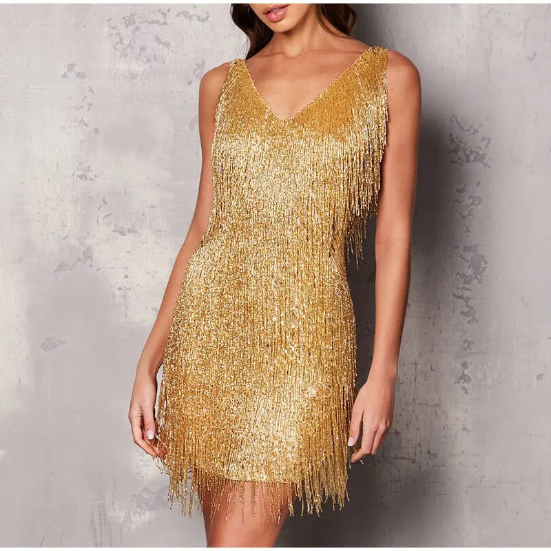 Glamorous Tassel Sequin Mini Evening Dress for Women