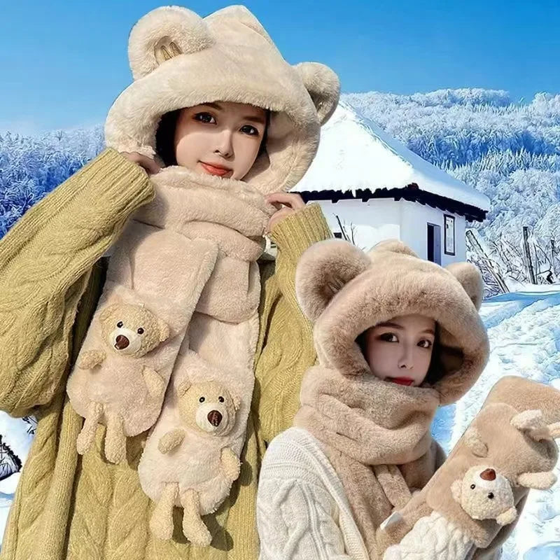 Adorable Bear Ear Plush Hat with Scarf and Gloves (3-in-1 Set)