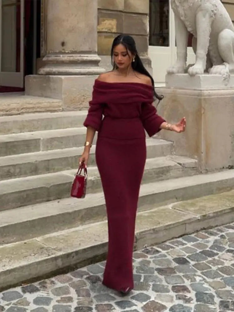 Elegant Burgundy Knit Long Skirt Set for Women