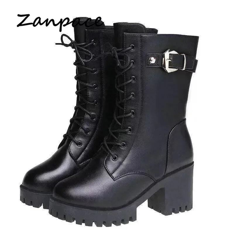 Women's High-Heeled Leather Snow Boots - 2024 Winter Collection