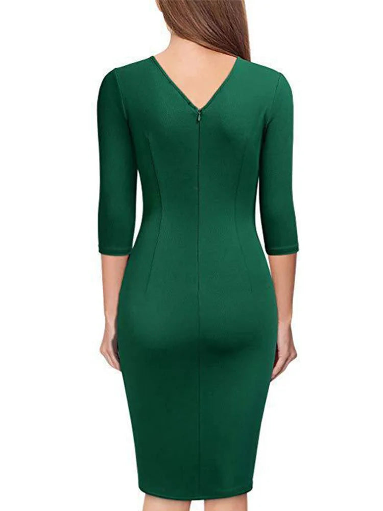 V-Neck Pleated Bodycon Dress - Spring Office Style for Women