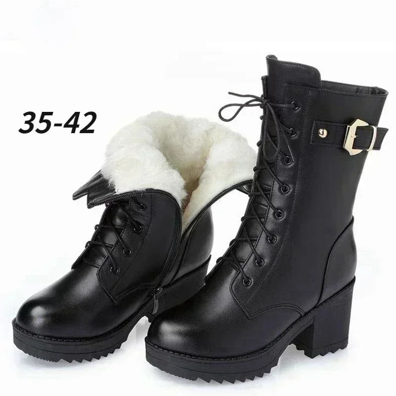 Women's High-Heeled Leather Snow Boots - 2024 Winter Collection