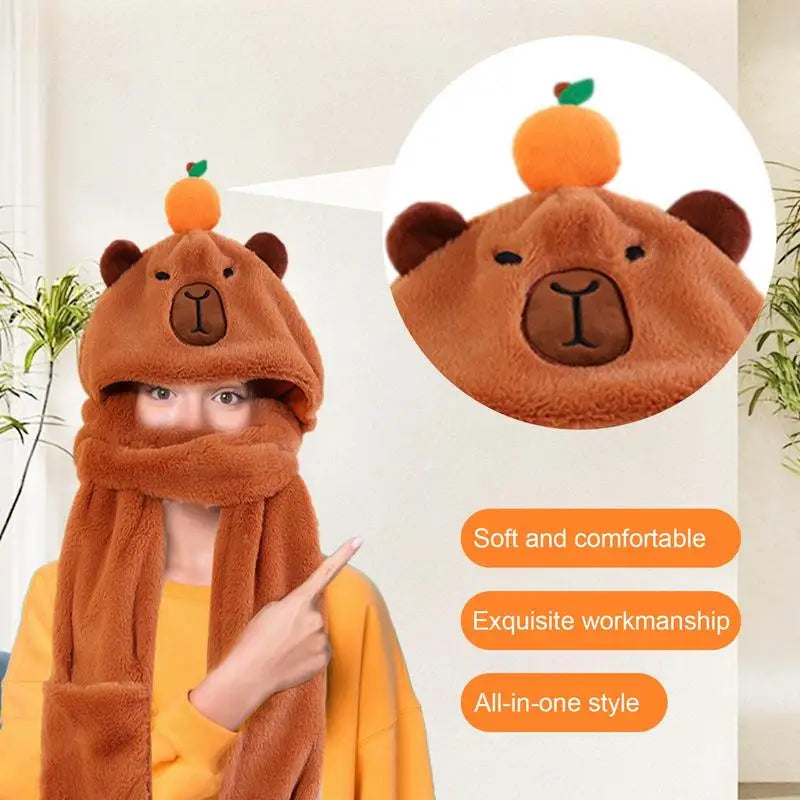 3 In 1 Cute Capybara Women Hat Scarf Gloves Set