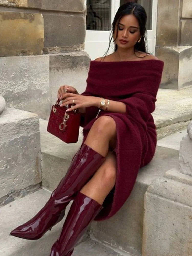 Elegant Burgundy Knit Long Skirt Set for Women