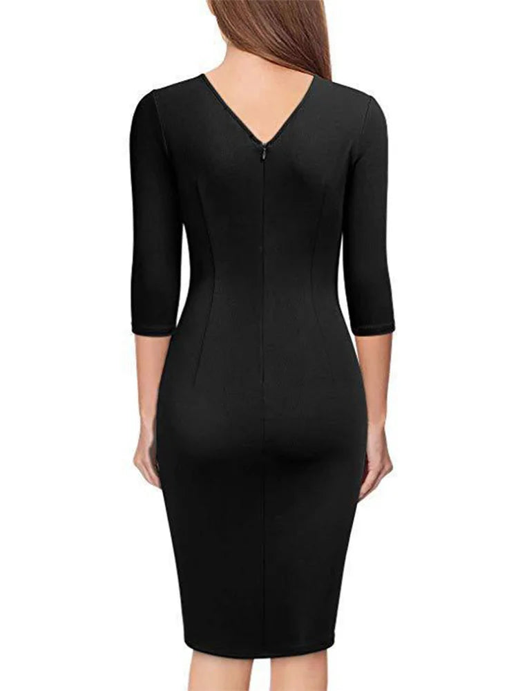 V-Neck Pleated Bodycon Dress - Spring Office Style for Women