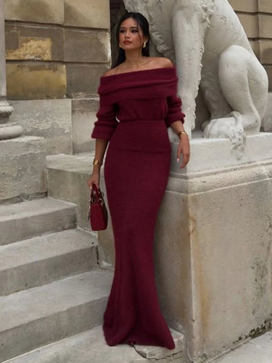 Elegant Burgundy Knit Long Skirt Set for Women