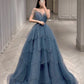 Haze Blue Beaded A-Line Evening Dress for Women