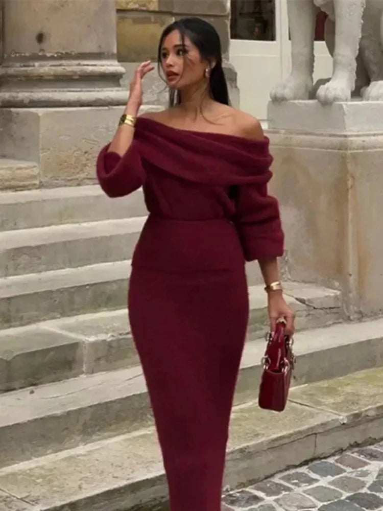 Elegant Burgundy Knit Long Skirt Set for Women